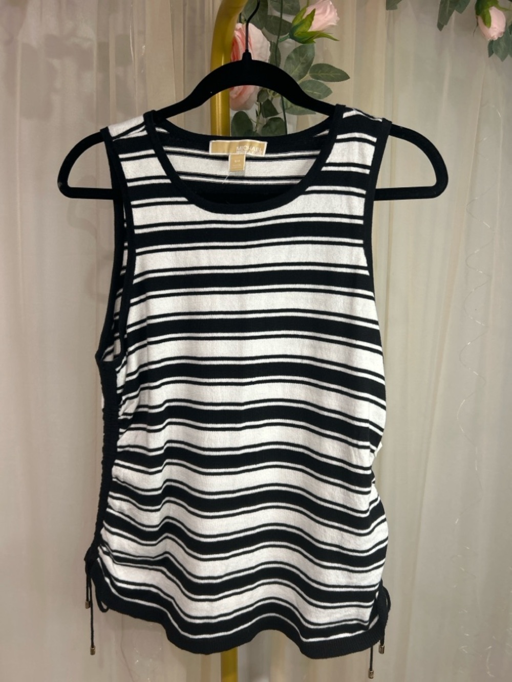 Michael Kors Striped Tank Top Sleeveless Ruched Side Tie Knit Black White Small